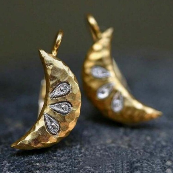 Hammered Moon Shaped Earrings, Celestial Gold tone Stud Earrings - Picture 3 of 6